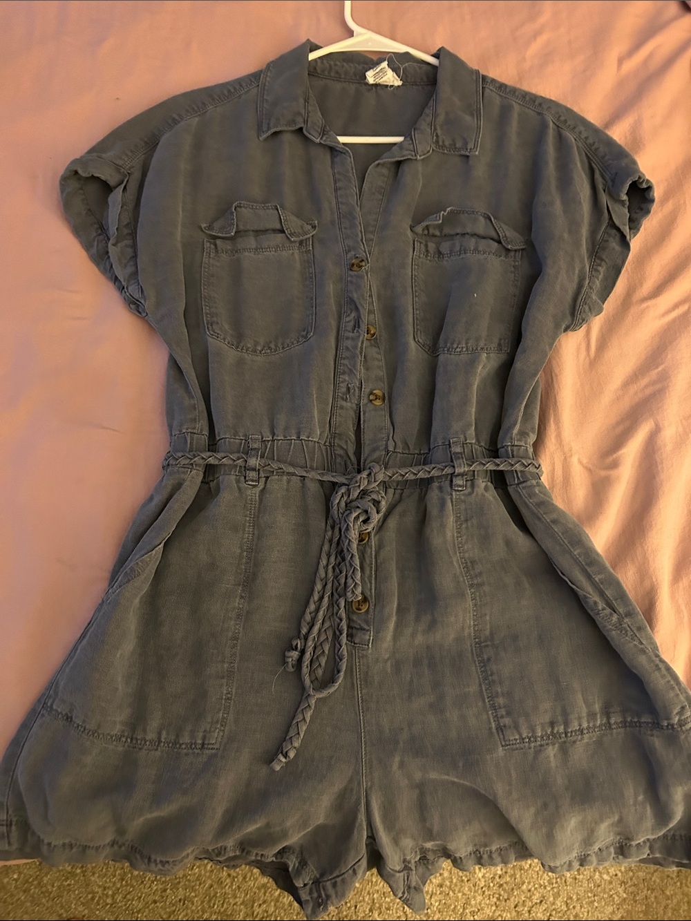 Nicole Miller Washed Blue Short-Sleeve Utility Romper with Braided Waist